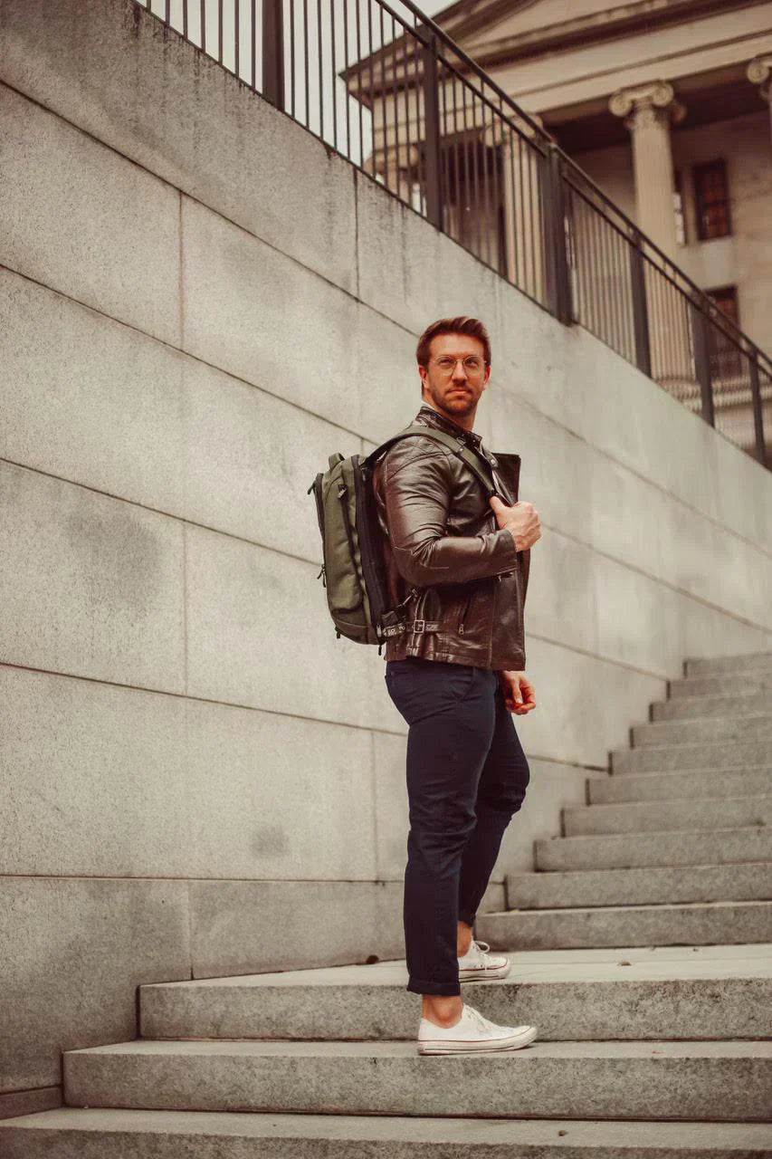 backpack and leather jacket The Bomber Utility Backpack, only from Levenger Leather Roll Top Backpack