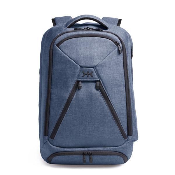 Side view, expanded for travel use. 39 liters expanded. Indigo Blue